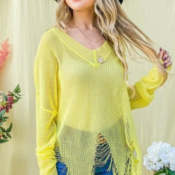 And The Why Distressed Mesh V Neck Spring Sweater Cover Up - Picture 2 of 9